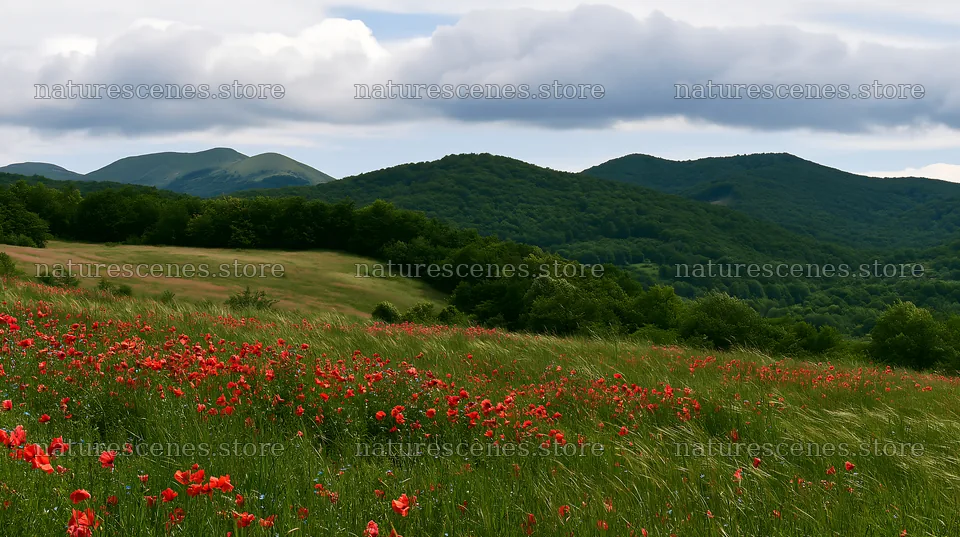 Poppy flax meadow in the hills during the day – nature scenes 10608x5938