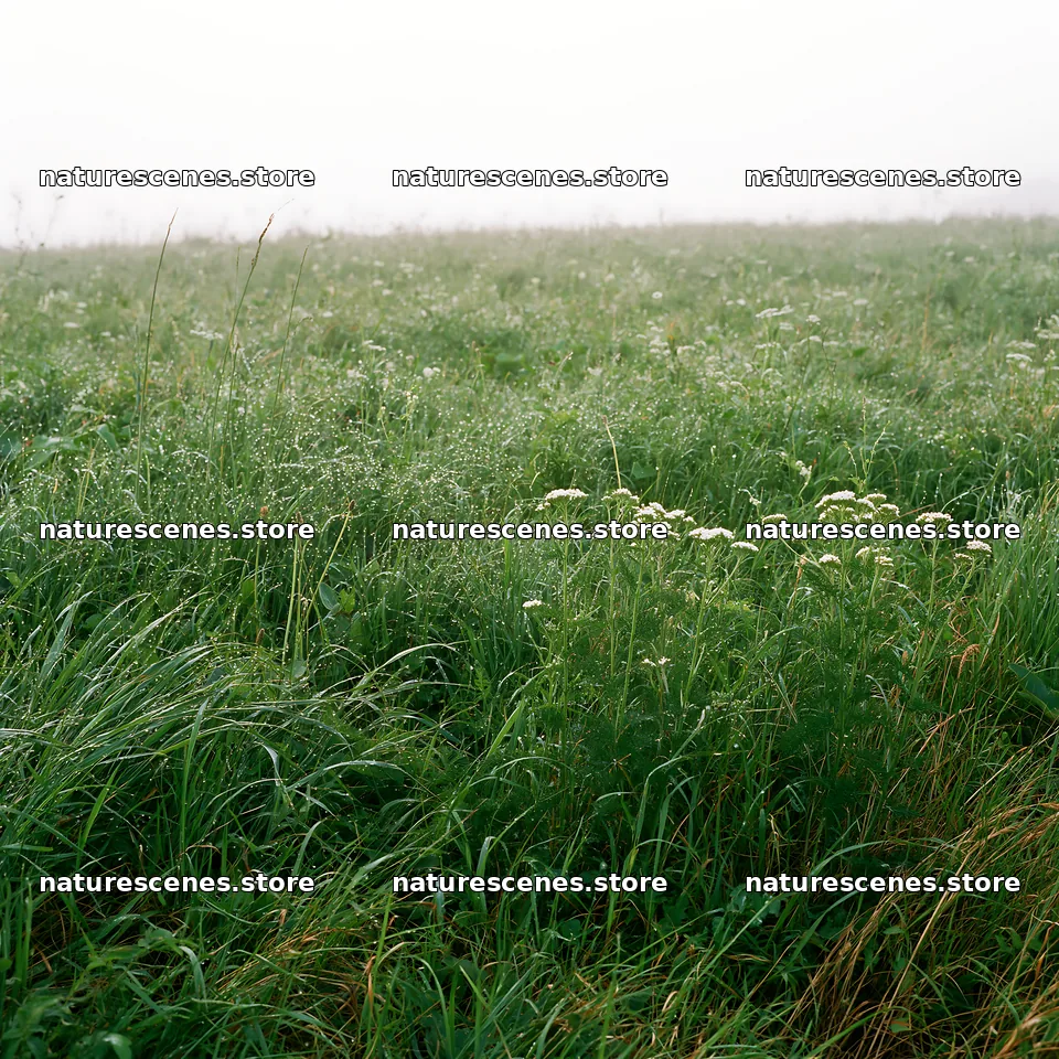 Expansive Hokkaido restoration meadow with dewdrops – nature scenes 7938x7938