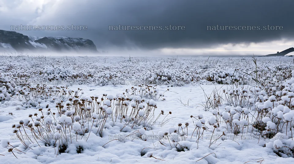 Dune meadow covered in snow under a cloudy sky – nature scenes 10608x5938