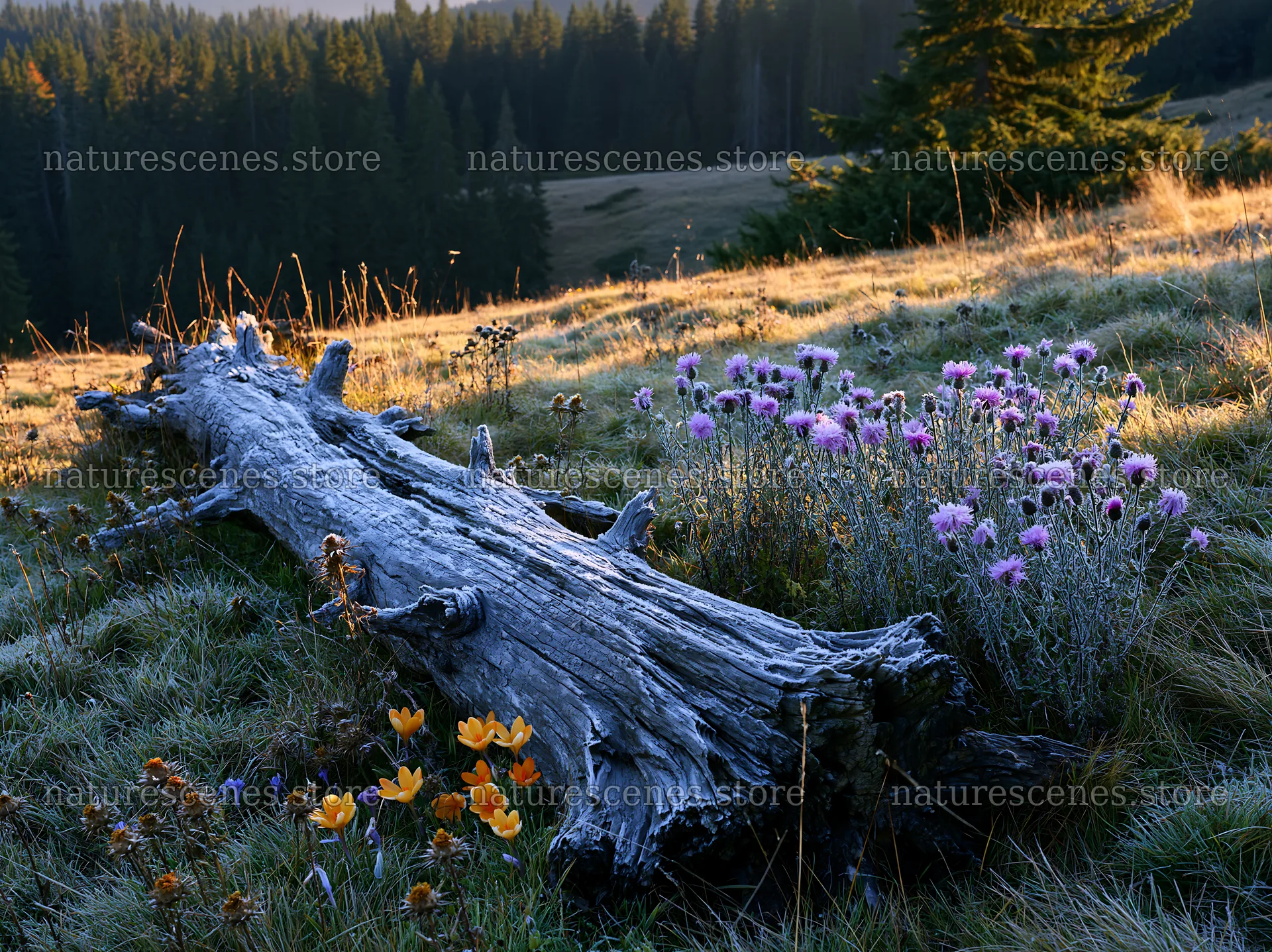 Weathered log surrounded by flowers in meadow – nature scenes 9174x6866