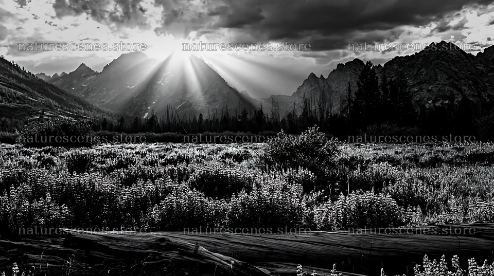 Crepuscular rays shine over a meadow and mountains – nature scenes 10608x5938