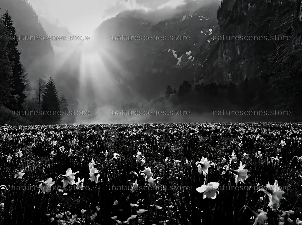 Light rays over Lauterbrunnen Valley meadow with flowers – nature scenes 9174x6866