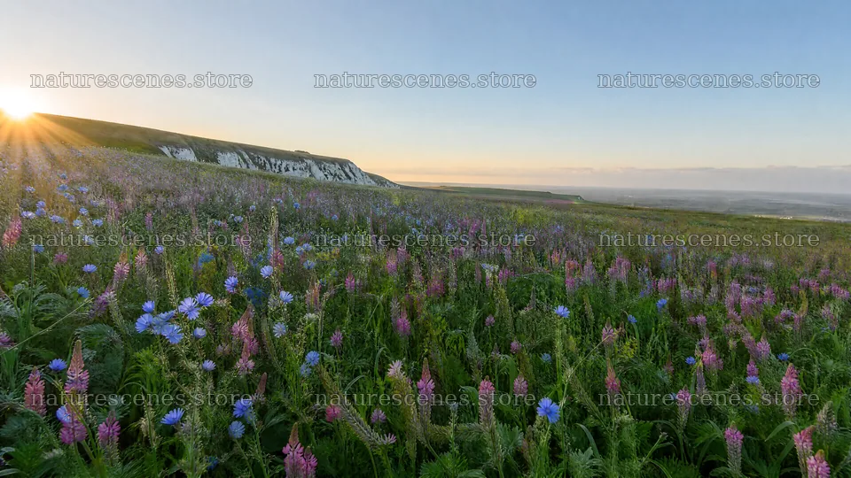 Sainfoin chicory meadow with sunset in the background – nature scenes 10584x5952