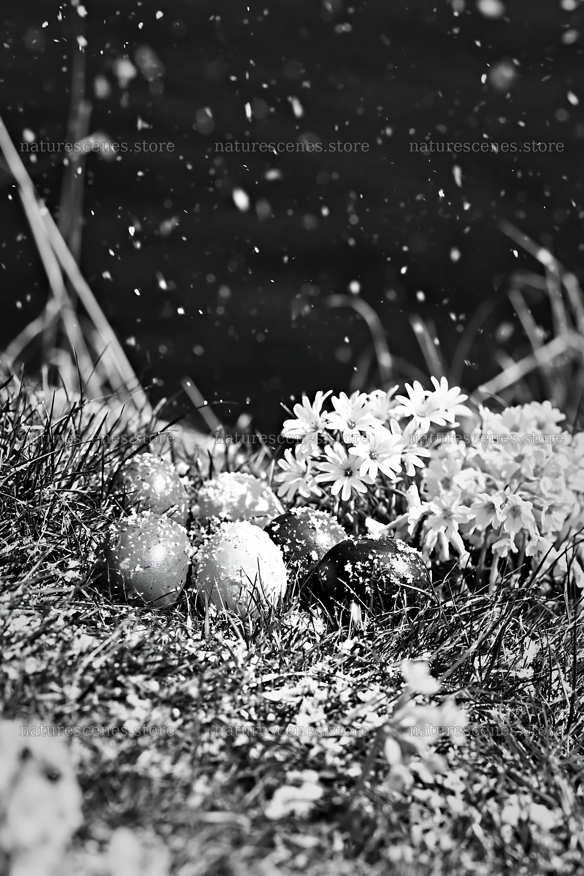 Lakeshore meadow with flowers and snow in winter – nature scenes 6480x9722