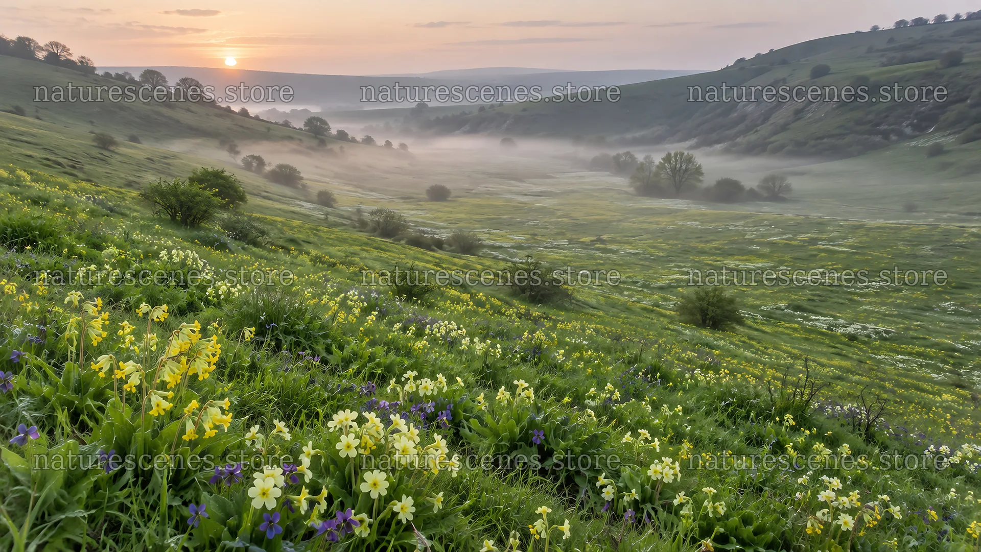 Wildflower Meadow in Morning Mist at Sunrise – nature scenes 10324x5812